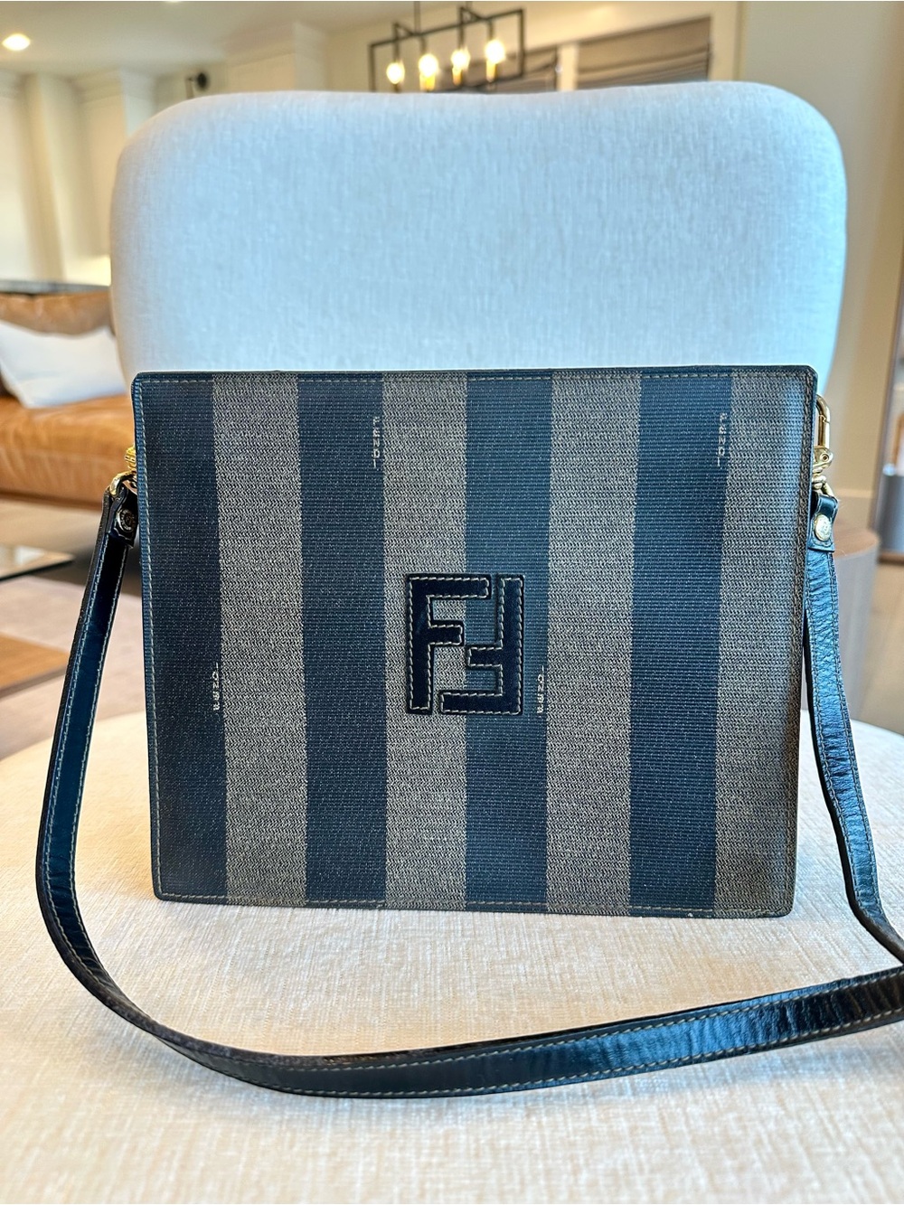 Fendi Pequin Striped Canvas Crossbody Bag in Black and Taupe
